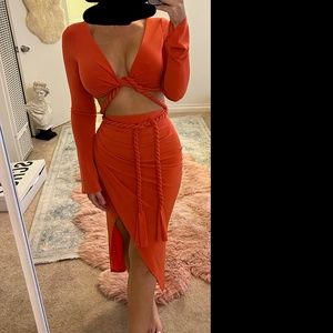 Coral Orange Wrap Skirt & Long Sleeve Top, Braided + Matching Set